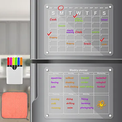 2Pcs Acrylic Magnetic Monthly And Weekly Calendar For Fridge With 6 Marker Pens✉ • £26.54