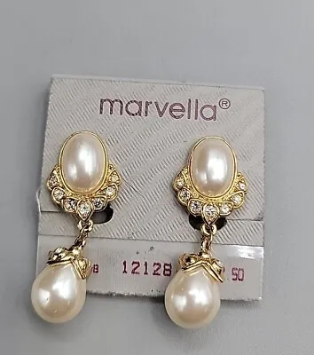 Marvella Clear Rhinestone Dangle Faux Pearl Gold Tone Clip On Earrings • $20