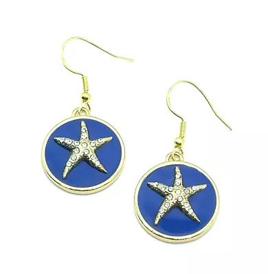 Brighton Cruz Navy Blue Round Gold Starfish Center Custom Silver Earrings NWOT • $26.95