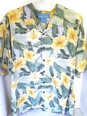  Bermuda Bay Men's Hawaiian Shirt XL/EG 100% Silk Beige Yellow Green Camp • $7.48