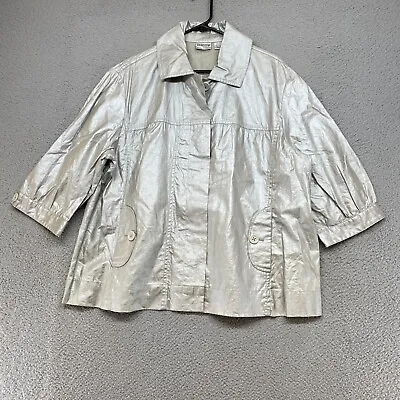 Chicos Jacket Womens 3 / XL Linen Silver Shimmery Metallic Coated 3/4 Sleeves • $24.26