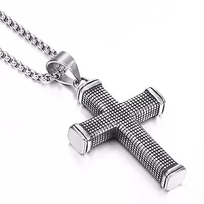 New Men' Solid Heavy Stainless Steel Silver Both Sided Cross Pendant Necklace US • $11