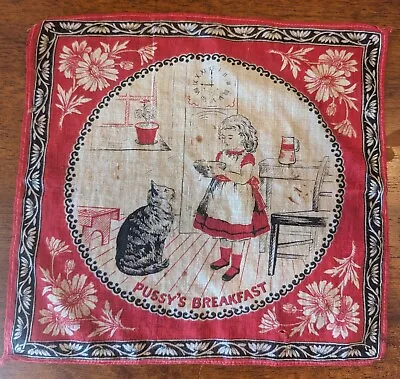 Antique Pussy's Breakfast Children's  Handkerchief Turkey Red Very Rare Pattern  • $250