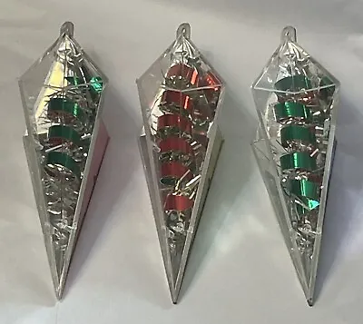 Lot Of 3 Vintage Diorama Plastic Prism Icicle Christmas Ornaments Tinsel Ribbon • $20