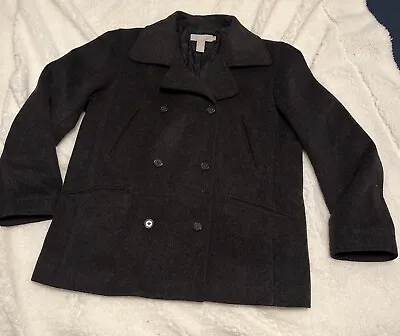 J.Crew Womens Black Double Breasted Button Wool Blend Peatcoat Cozy Jacket Sz M • $19.88
