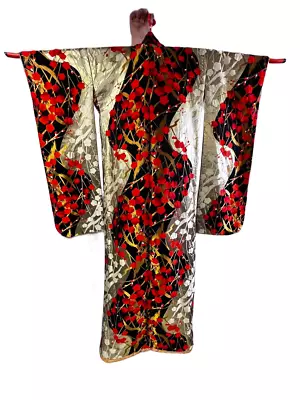 Japanese Kimono Color Uchikake Vintage Silk Black Gold Orange Wedding Luxurious • $300