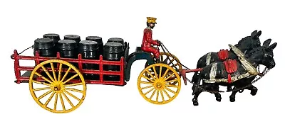 VTG CAST IRON HORSE DRAWN WAGON CART W 2 HORSES 1 MAN 8 BARRELS Red Yellow Mules • $249.99