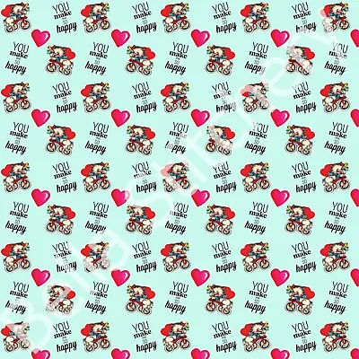 You Make Me Happy Retro Valentine Teal 8x8 Cotton Quilt Crafting Fabric Block  • £14.28