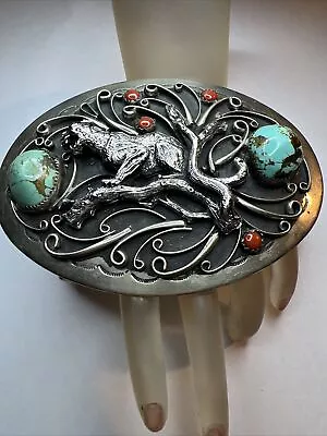 Vintage Native American Indian Wildcat Turquoise Coral Nickel Silver Belt Buckle • $145