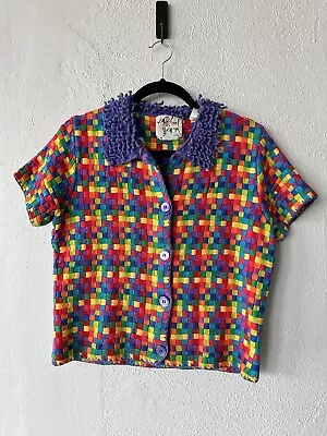 Vintage 90s/Y2k Michael Simon NY Rainbow Colorful Woven Collared Top Size M/L • $85