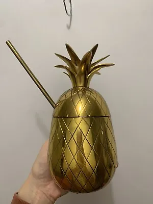 Vintage Brass Pineapple Cocktail Drinking Cup Bar Decor With Straw Novelty • £26