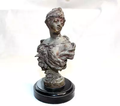 ANTIQUE 6  Miniature Art Nouveau Cast Metal Bust Sculpture Black Marble Base • $69.99