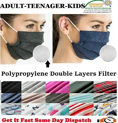 100% Cotton Face Mask Face Covering 2 Layers Washable Reusable Easy Breathable  • £3.85