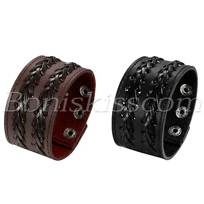 Men's Punk Wide Braided Cross Leather Wristband Bangle Cuff Bracelet Adjustable • $8.54