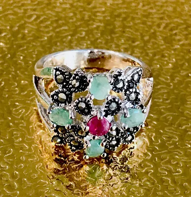 New Real Ruby-emerald-marcasite Sterling Silver Rhodium Over Ring Size 8/tcw 35 • $24