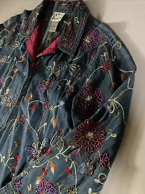 VTG Woman Quaker Factory Demin Embroidered Flowers Butterflies Shaket Shirt Sz S • $22