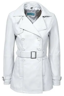 Women's White Real Lambskin Leather TRENCH COAT Belted Jacket Stylish Mac Coat • $189.99