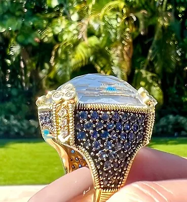 Judith Ripka Blue Topaz  & Diamond 18 K Gold Monaco Ring • $10200