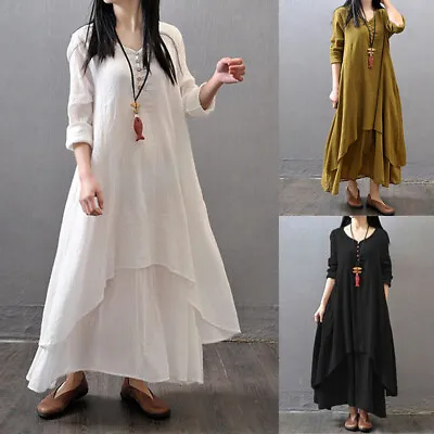 $12.69 • Buy MaxiLong Cotton Sleeve Dress  Womens Tunic Casual Kaftan Boho Gypsy Linen