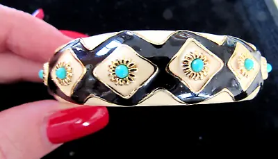 Vintage Signed J CREW Bangle Bracelet- Enamel Gold Color- Turquoise-Safety Clasp • $25