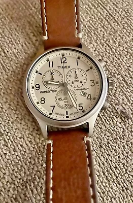 Timex Men's Expedition Scout Chronograph Brown Leather Indiglo Watch Date 42mm • $80
