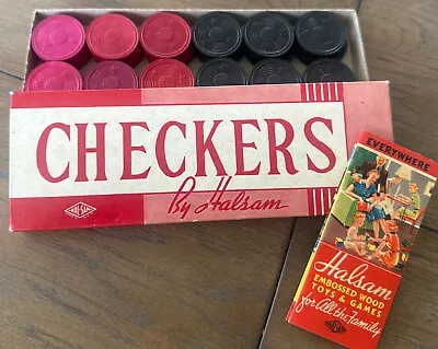 Vtg Wood Checkers Game Halsam 24Pc Black Red **See Description Orig Box MD MCM • $18