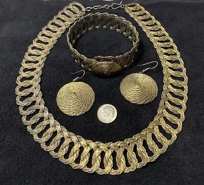 Vintage African Woven Metallic Gold Jewelry Set (Necklace Bracelet & Earrings) • $45