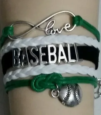 $5.99 • Buy Baseball/softball/volleyball Leather Bracelet- Sports - Black/white/green - #257