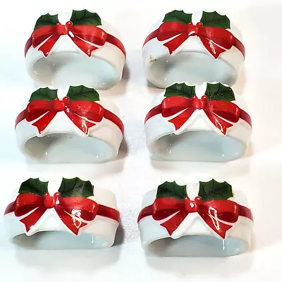 Vtg 1986 Mt Clemens Pottery 6 Ribbon & Holly Porcelain Napkin Ring Holders Japan • $15.99