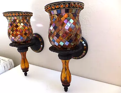 Partylite Global Fusion Mosaic Glass Wall Sconce Candle Holders Decor Set Of 2 • $69.99