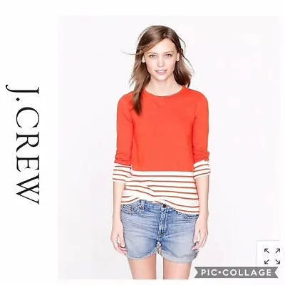 J Crew Women's Orange Striped 3/4 Sleeves Sweatshirt Size Large Spring 2013 • $24.99