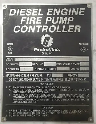 Vintage Firetrol Diesel Engine Fire Pump Controller Metal Serial Number Plate • $59.99