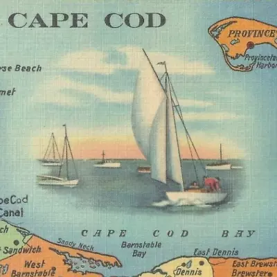 Cape Cod MA Multiview Beach White Fence Sailboat Linen Map 6x9 VTG 50s Postcard • $7.98