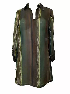 Max Mara Top Tunic Dress Silk Organza Long Sleeve V Neck Green Brown Sheer 10 • $99