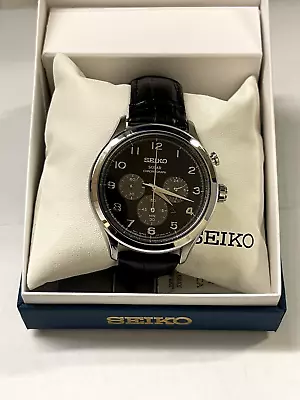 Seiko Mens SSC565 Solar Black Leather Band Chronograph Watch MSRP $350! • $175