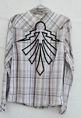 Buffalo Mens Western Shirt Medium Beige Plaid Pearl Snap Embroidered Tribal VTG • $24