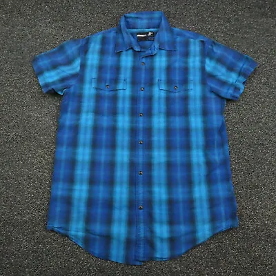 J Ferrar Shirt Adult Medium Blue Plaid Slim Fit Snap Button Up Short Sleeve Mens • $9.89