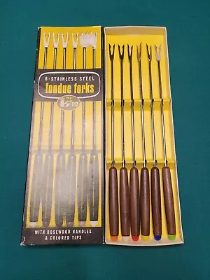 Vintage MCM Fondue Forks Stainless Steel 6-Pc.Rosewood Handles Color Tip In Box • $14.97