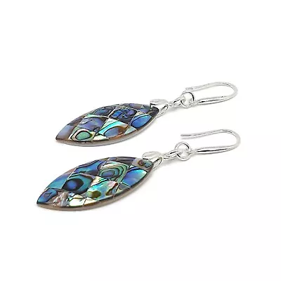 Rainbow Paua Earrings Natural Abalone Shell Long Dangle Drop Sterling Silver • £16.98