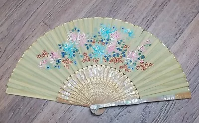 Vintage Japanese Hand Folding Fan 15  - Floral Design W/Mother Of Pearl Detail • $49.99