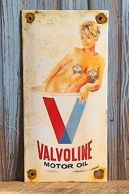 Rare Vintage 8” Valvoline Motor Oil Can Pinup Girl Porcelain Metal Gas Sign • $34