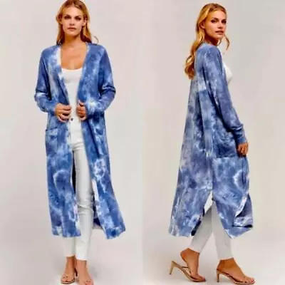 $108 VELVET HEART Blue Tie Dye Maxi Cardigan Open Front Soft Knit S Runs Large M • $24.99