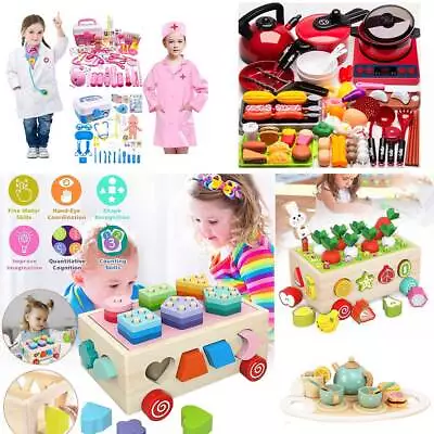 Kids Kitchen ToysWooden Toy Sorter Learning Toys Pretend Play Doctors Tea Set • £9.49