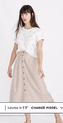 Madewell Patio Button Front Midi Skirt Grey Stripe Rose Brown Size 8 Pockets • $27.30