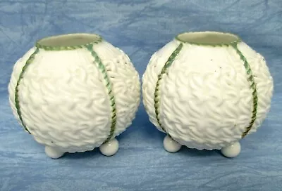 Vintage Vase Hair Receiver Vanity Dresser Set Of Two Matching White And Green • $12.59