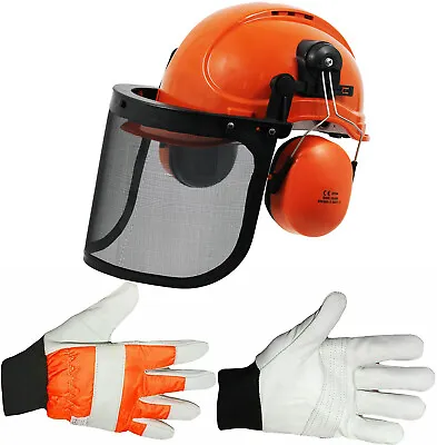 Chainsaw Safety Helmet With Mesh Visor Ear Muffs + Padded Gloves • £39.99