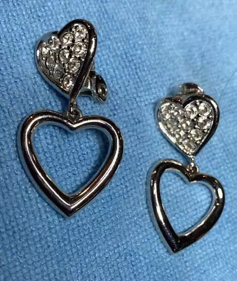 Monet Signed Silver-Tone Hearts Clear Rhinestones Dangle Drop Clip Earrings VTG • $12.95