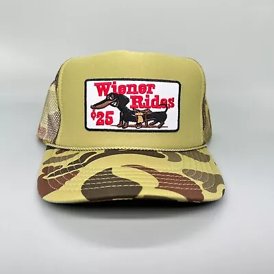 New Wiener Rides Tan Camo Cap Hat 5 Panel High Crown Trucker Snapback Vintage • $25.95