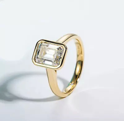 3CT Emerald Cut Moissanite Bezel Engagement Ring 18K Yellow Gold GRA Certified • $589