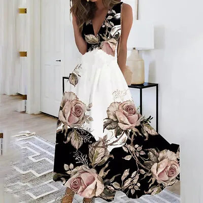 Women Boho Floral Maxi Dress Ladies Sexy V Neck Holiday Beach Sundress Long Gown • £15.69